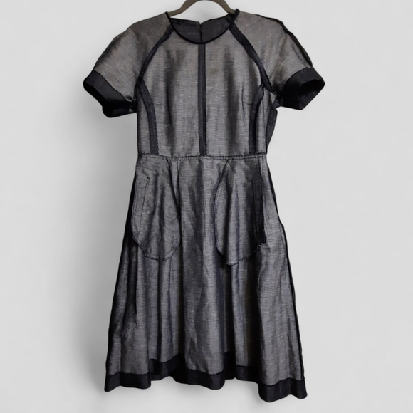 French LES COPAINS Linen Cotton Chambray Dress Italy Fit Flare Pockets 42 6 - Picture 7 of 11